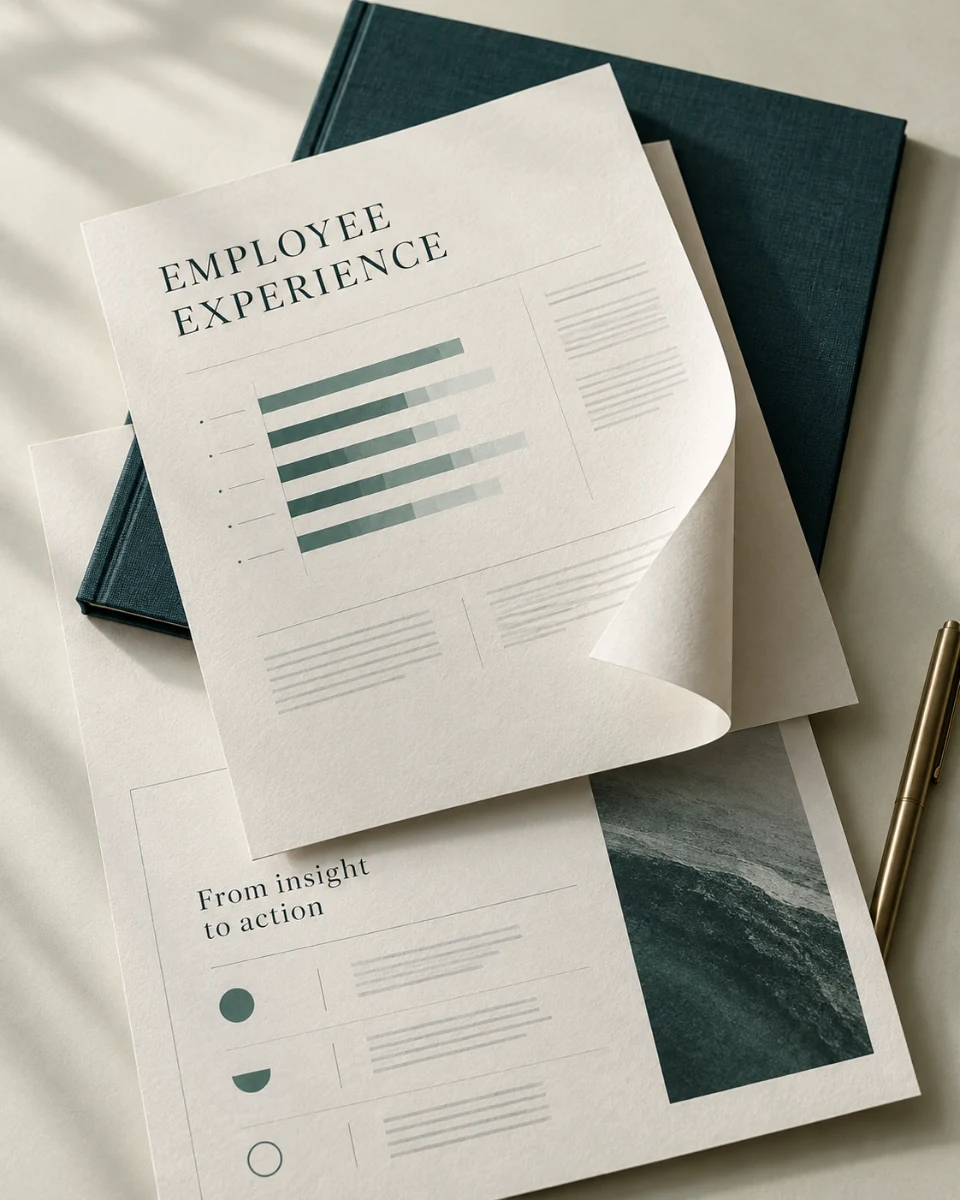 Editorial illustration of a textured employee-experience report, with jade charts and layered pages on a deep-teal cover.